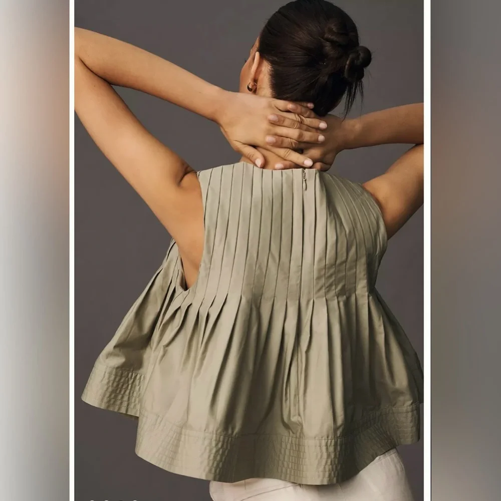 Mare Mare x Anthropologie Pleated Structured Swing Tank Top Moss Size Medium - Picture 2 of 6